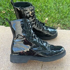 WONDER NATION BLACK PATENT GLITTER MOTO COMBAT BOOTS SIZE 5